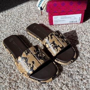 Tory Burch Double T Pale Desert Roccia Stamped Snake Printed Leather Slide
